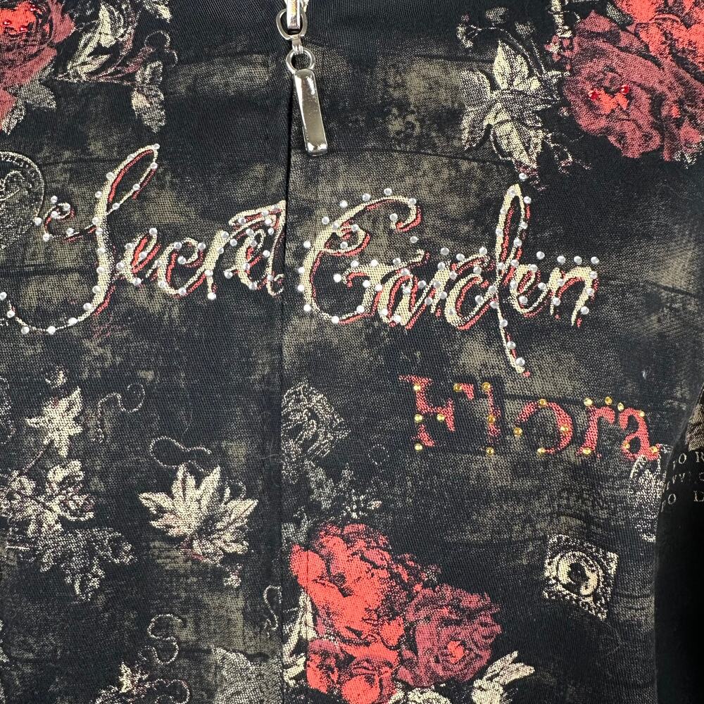 VTG Cactus Jacket Blazer Full Zip Secret Garden Floral Rinestones Black L Artsy - Picture 3 of 13